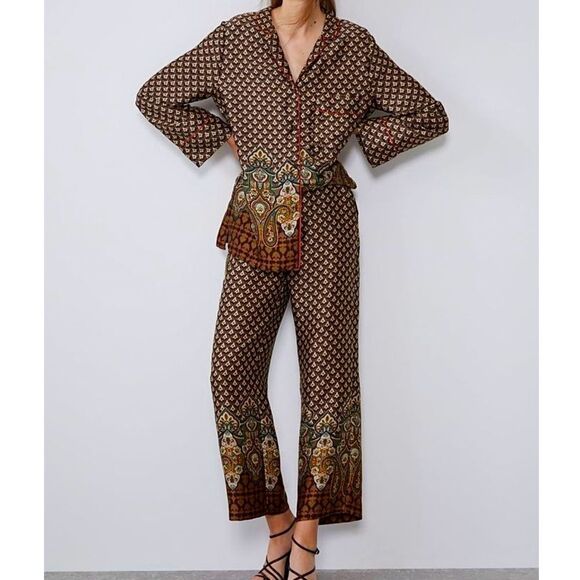 Zara Pants - Zara Set 2 Piece Pants & Shirt Silky Matching Print Flowy Size S